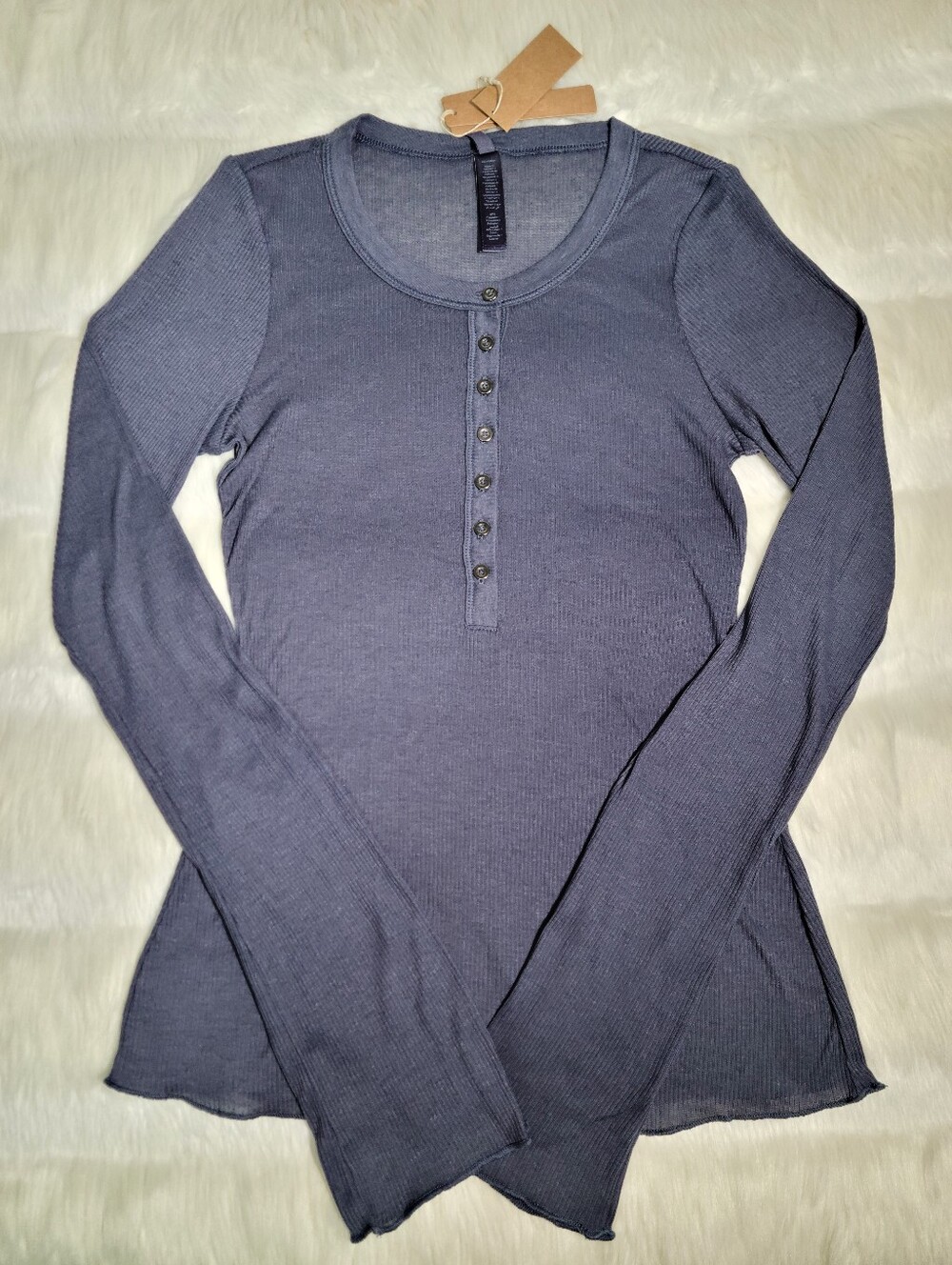 SKIMS Sheer Cotton Long Sleeve Henley Top Blue Sleet Women XS NEW